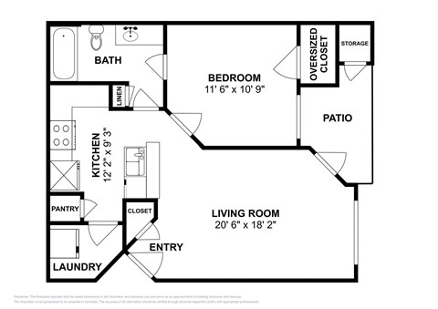 Floor plan for 1 bed, 1 bath, 645 sqft